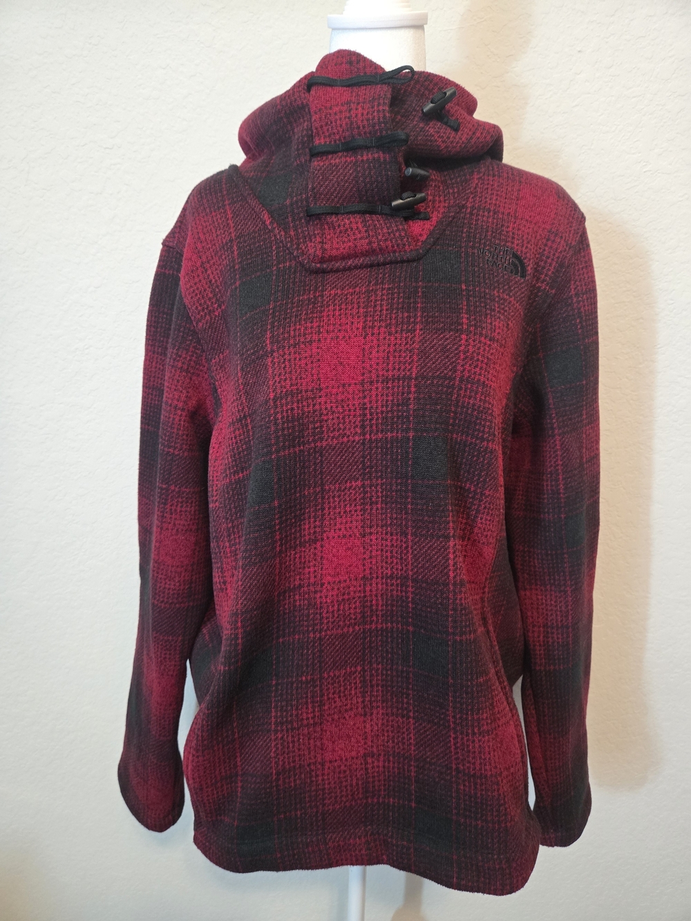 The North Face Women's Red and Black Plaid Cowl Pullover Sweater